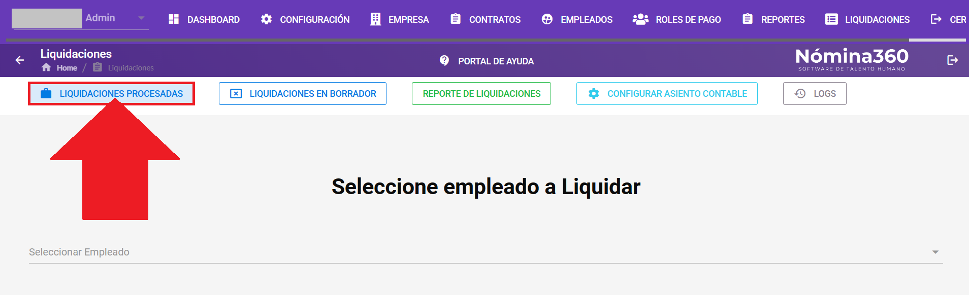 Botón Liquidaciones Procesadas en el menú del módulo