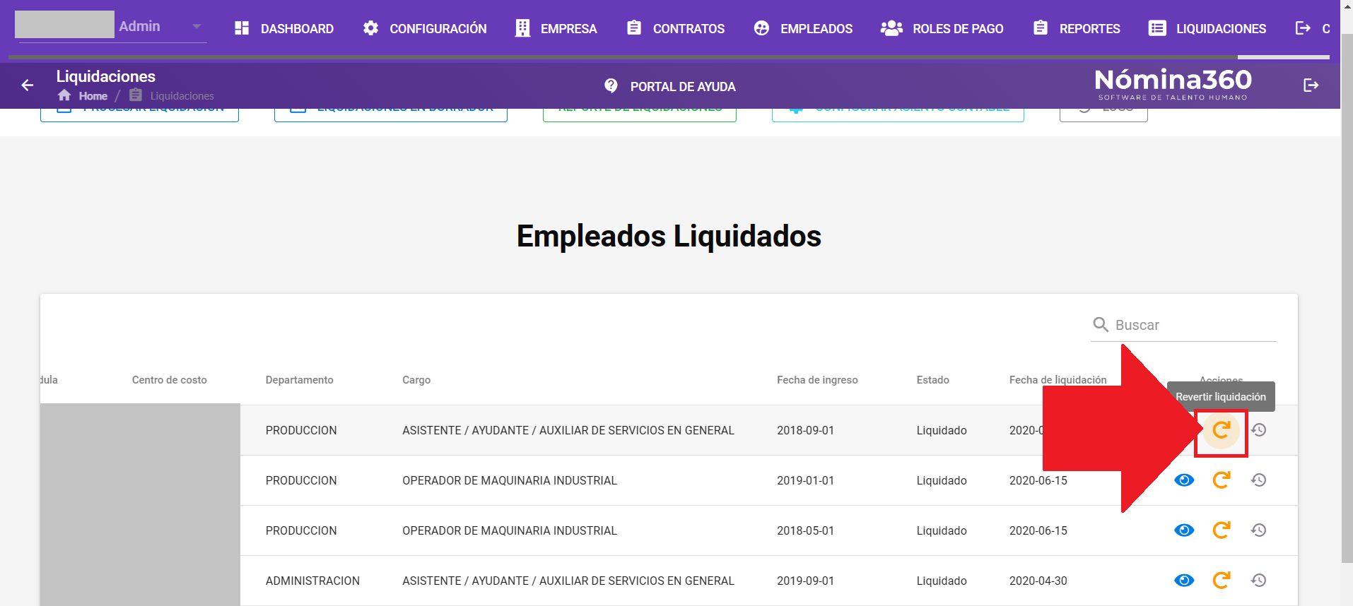 Botón Revertir Liquidación junto a la liquidación seleccionada