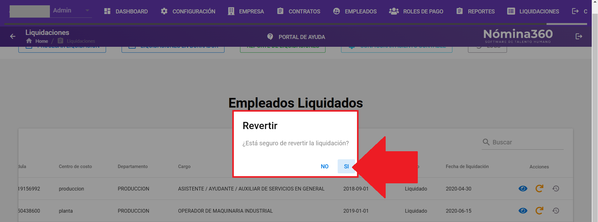 Ventana de confirmación con el botón Sí