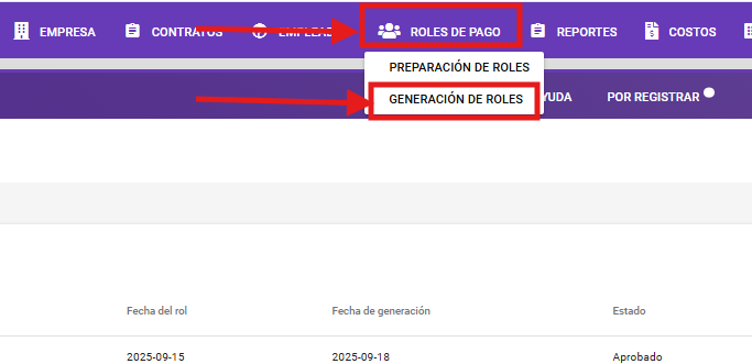 Pantalla de Generación de Roles dentro del módulo de Roles de Pago