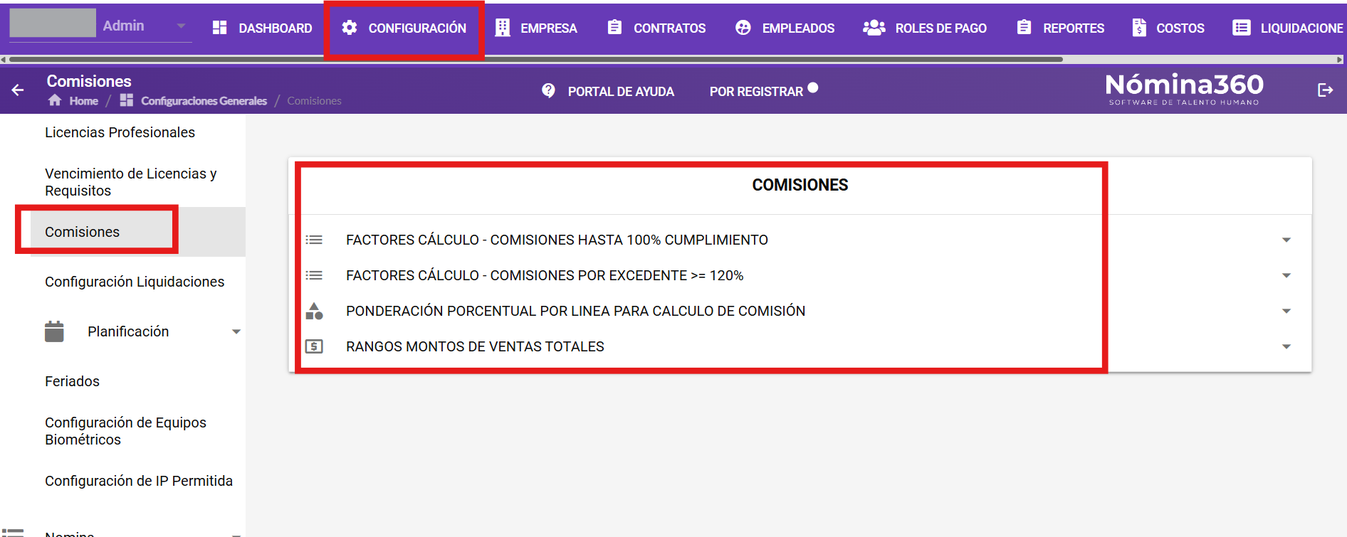 Menú Configuración con la opción Empresa y submenú Comisiones