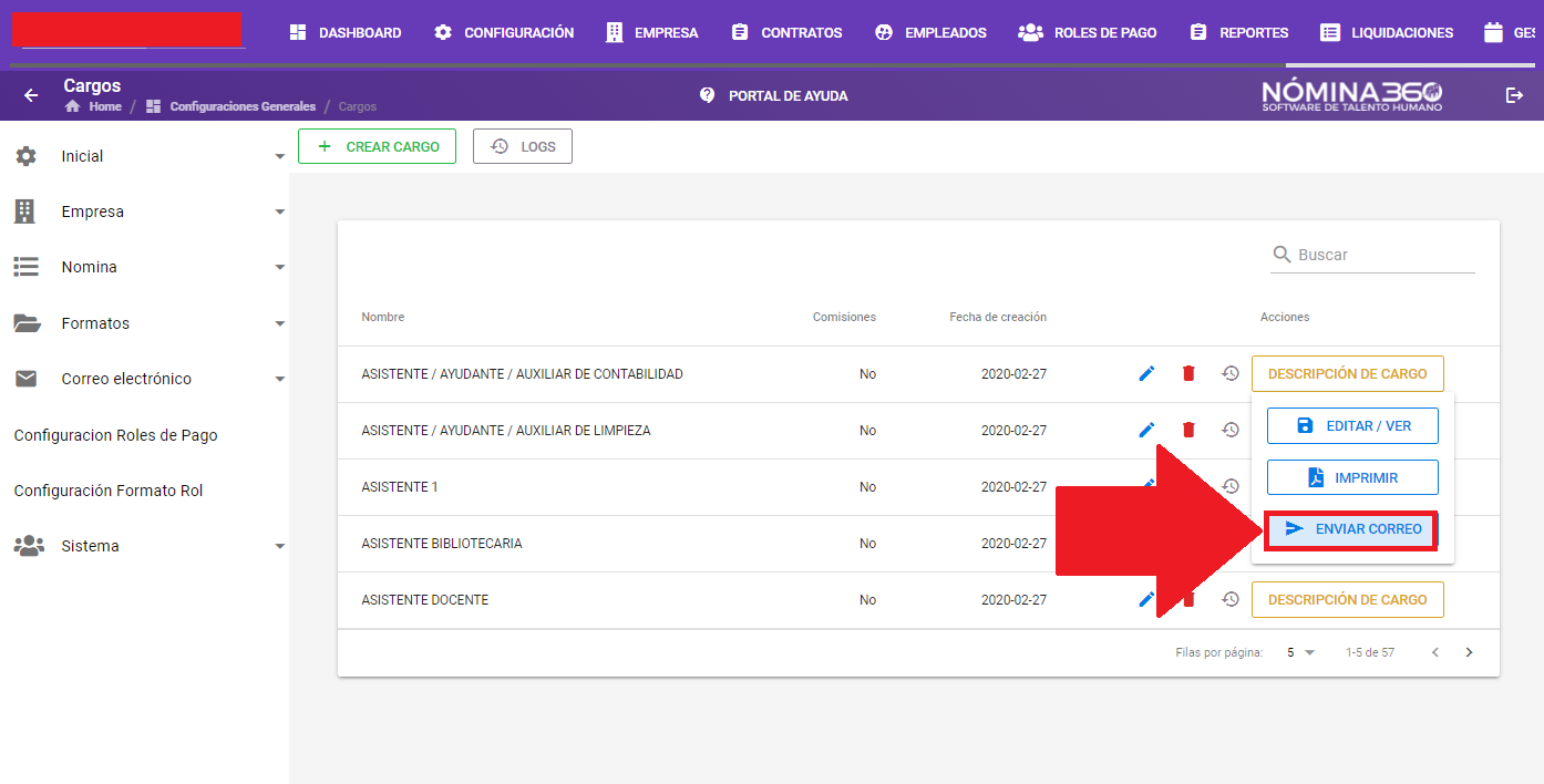 Botón Enviar correo en la pantalla de descripción de cargo