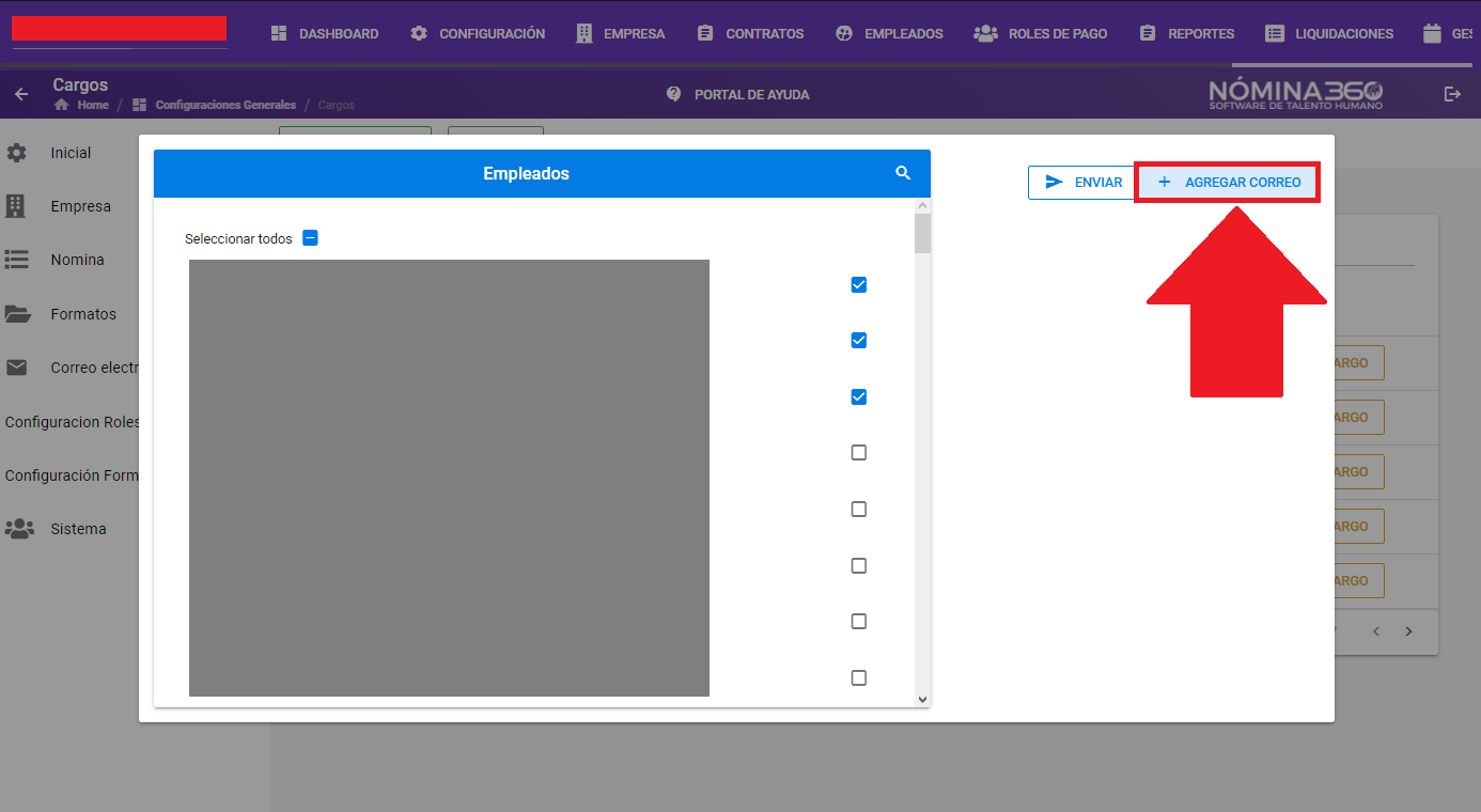 Opción +Agregar correo para destinatarios fuera del listado