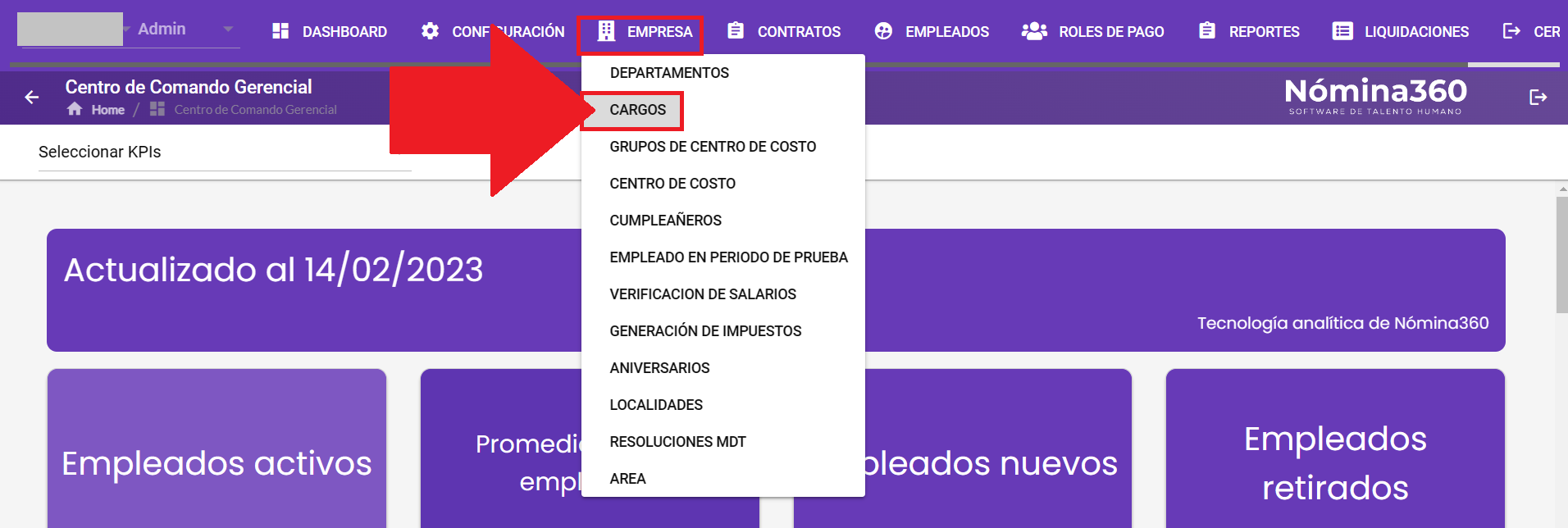 Acceso al menú Empresa con la opción Cargos