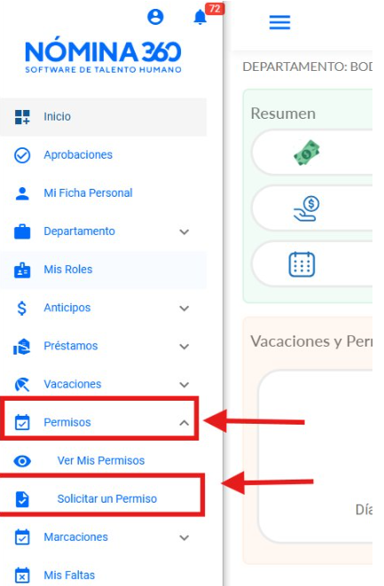 Módulos de solicitud disponibles en el menú lateral del portal