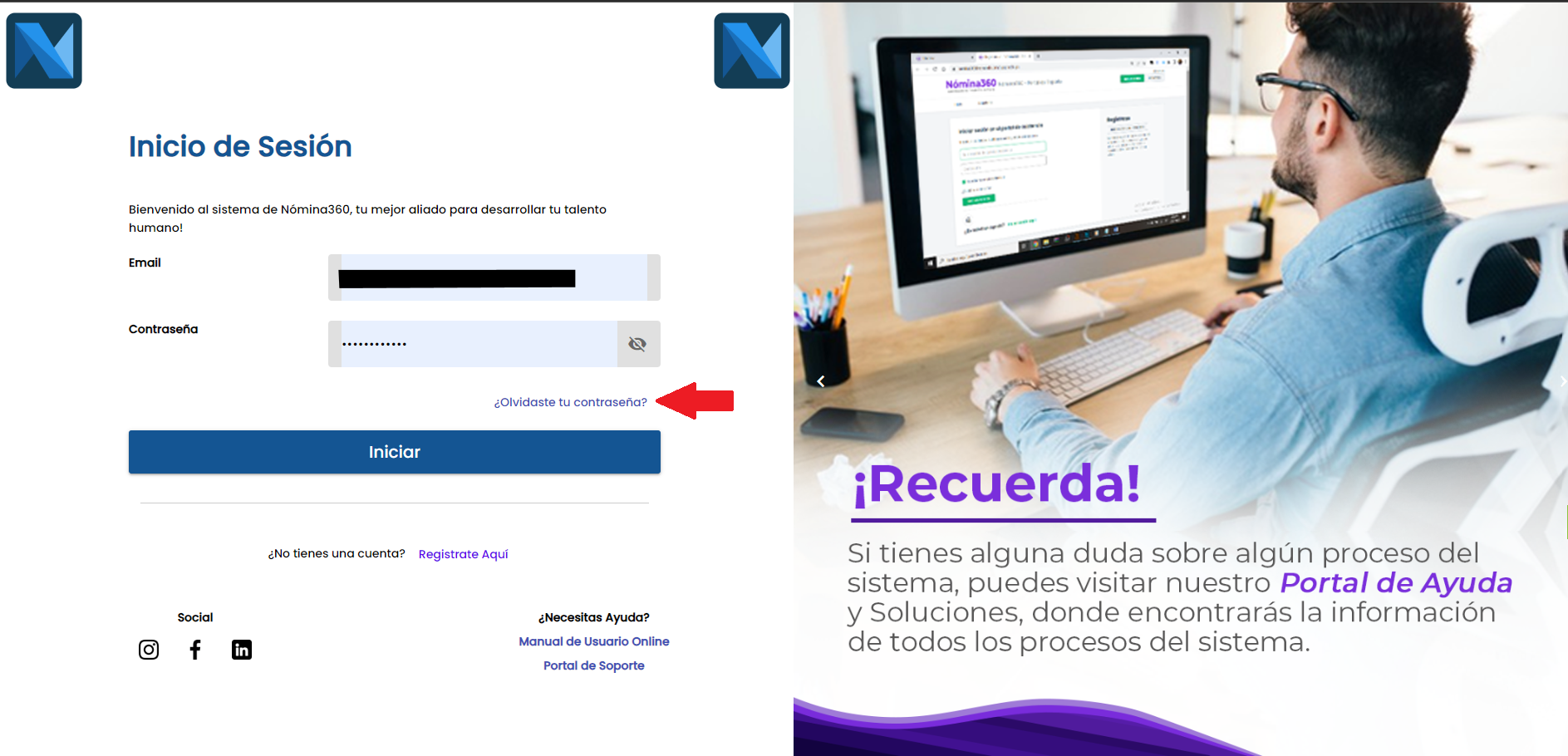 Enlace ¿Olvidaste tu Contraseña? en la pantalla de inicio de sesión