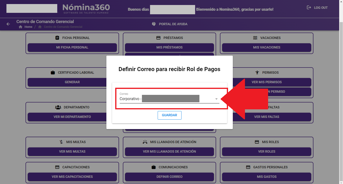 Ventana de Definir Correo con el selector desplegado