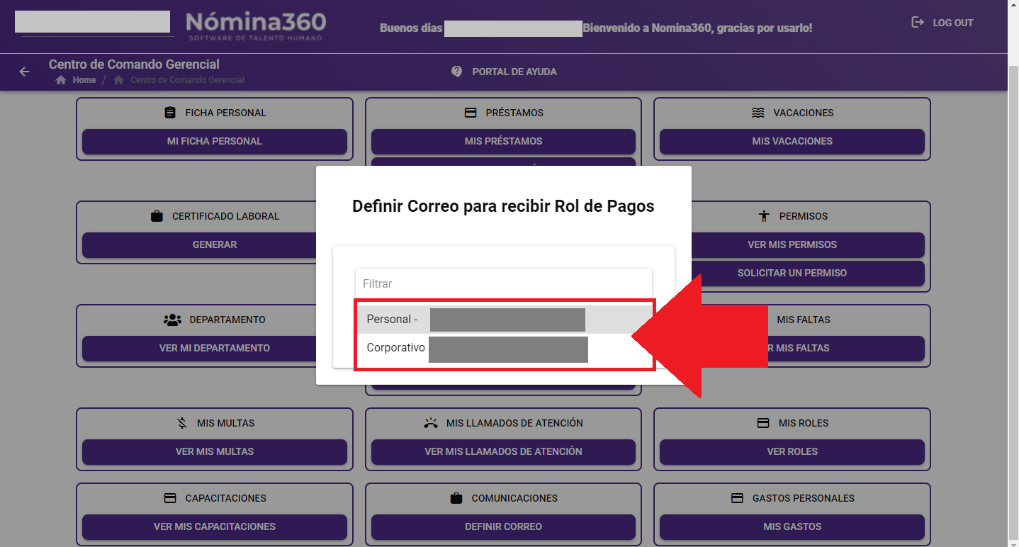 Opciones de correo personal y correo corporativo en el selector