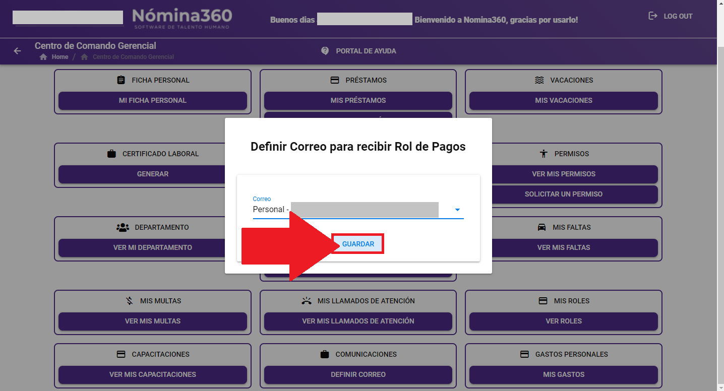 Botón Guardar para confirmar el correo seleccionado