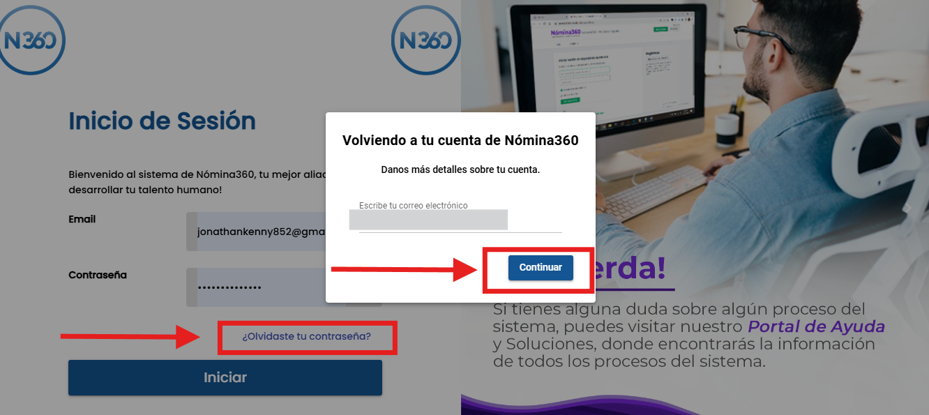 Formulario de recuperación con el campo de correo y el botón Continuar