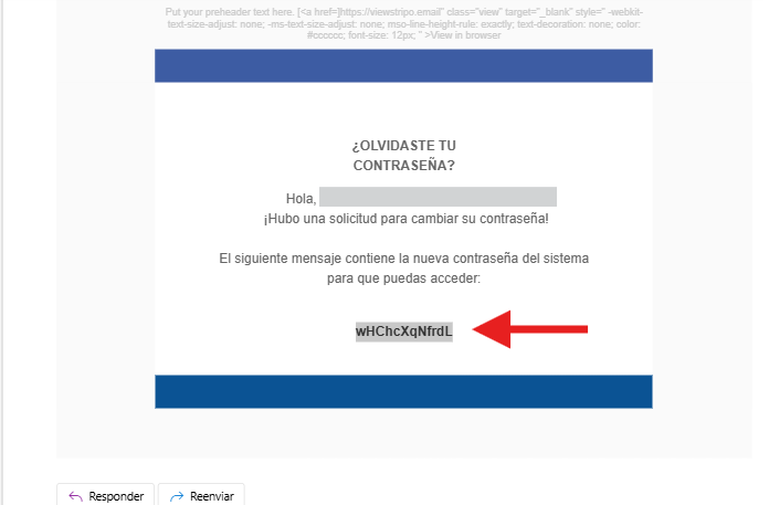 Correo recibido con la contraseña temporal