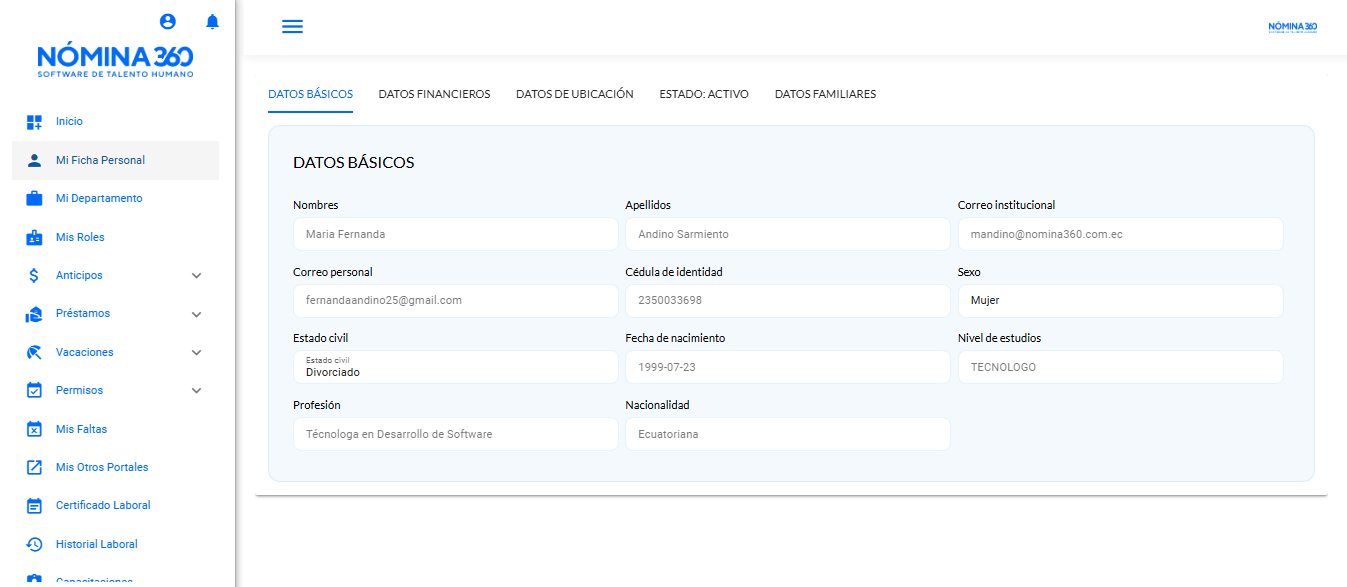 Vista de la ficha personal del empleado