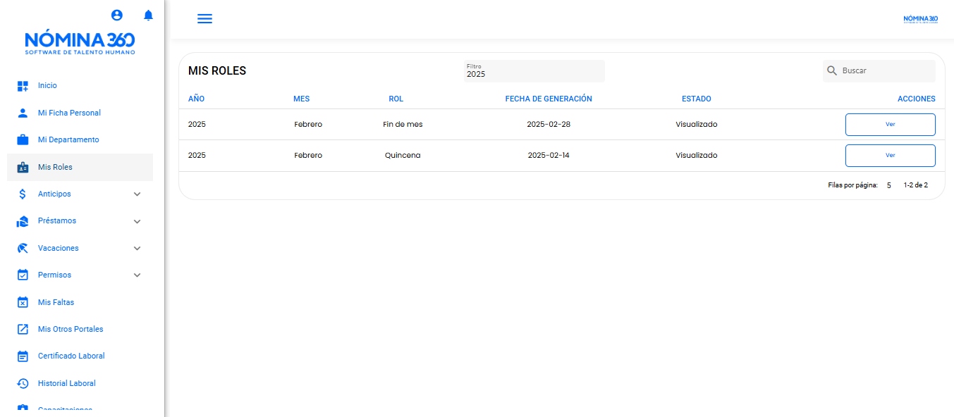 Listado de roles de pago disponibles para el empleado