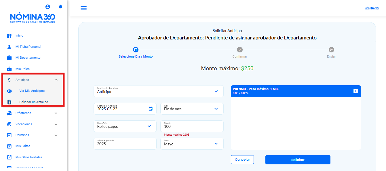 Pantalla de anticipos del empleado