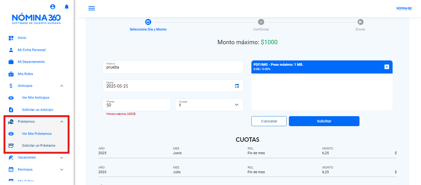 Pantalla de préstamos del empleado