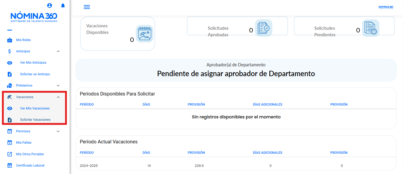 Pantalla de solicitud de vacaciones