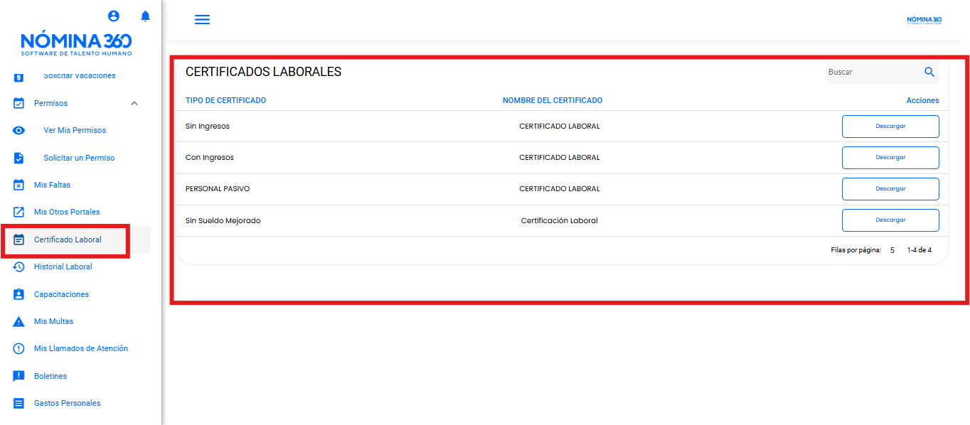 Pantalla de generación del certificado laboral