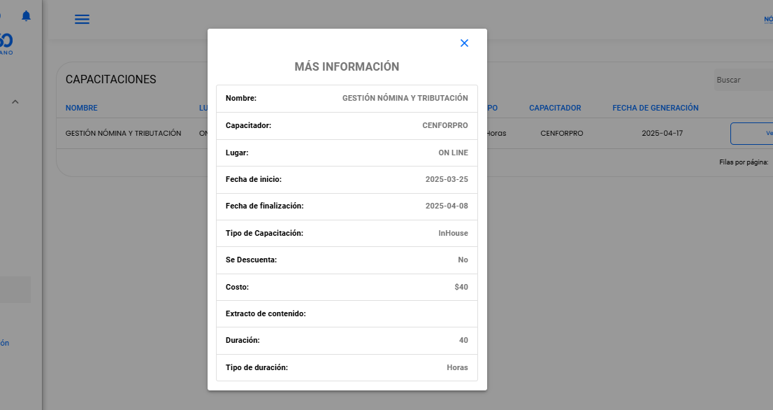 Detalle de una capacitación seleccionada