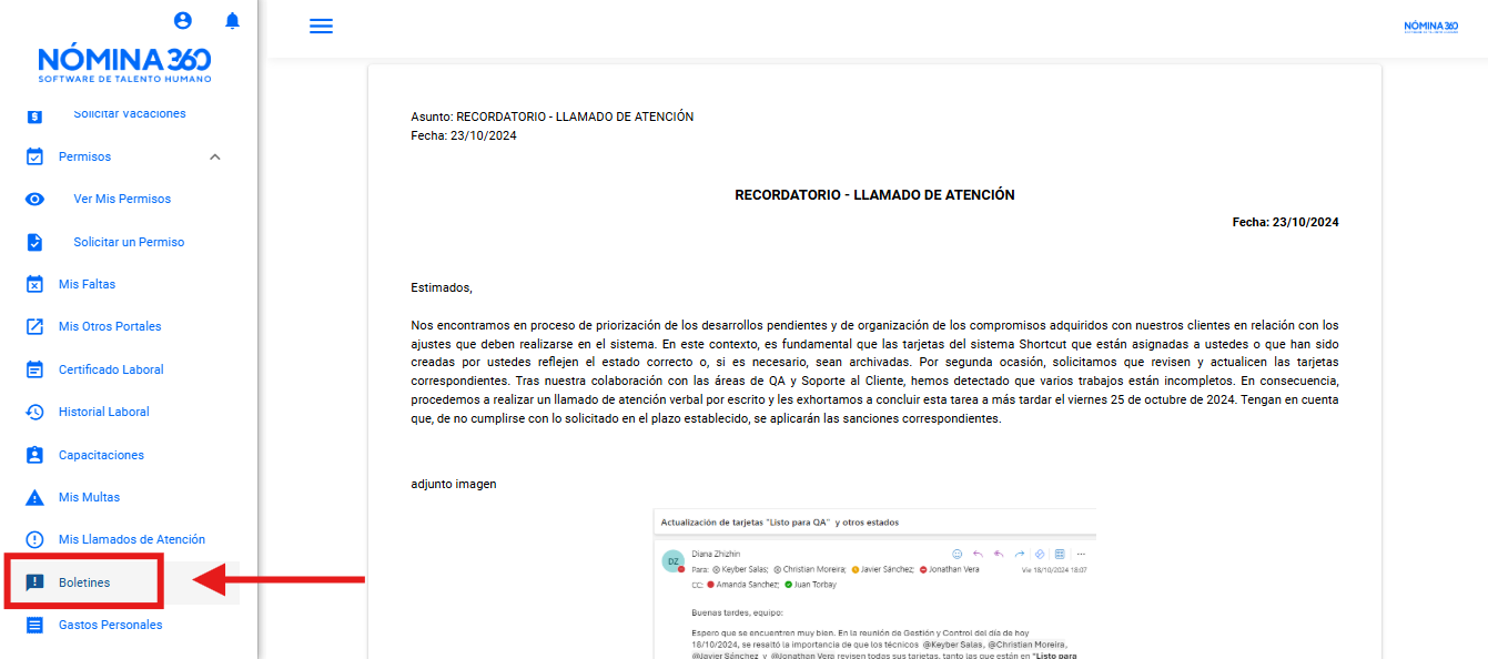 Pantalla de boletines internos disponibles para el empleado