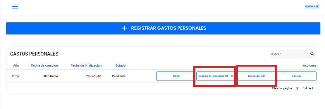 Detalle del Formulario del SRI generado