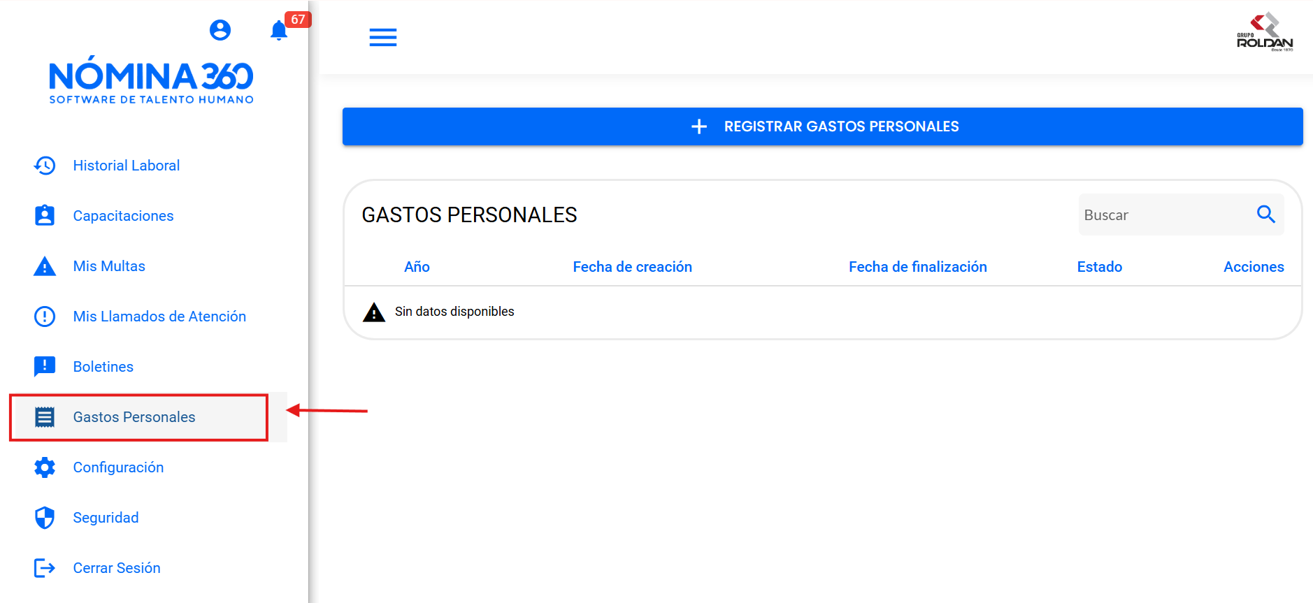 Opción Gastos Personales en el menú del portal de autoservicio