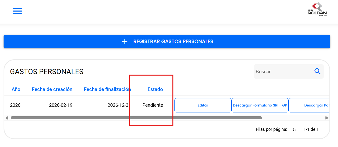 Listado de gastos con el nuevo registro en estado Pendiente