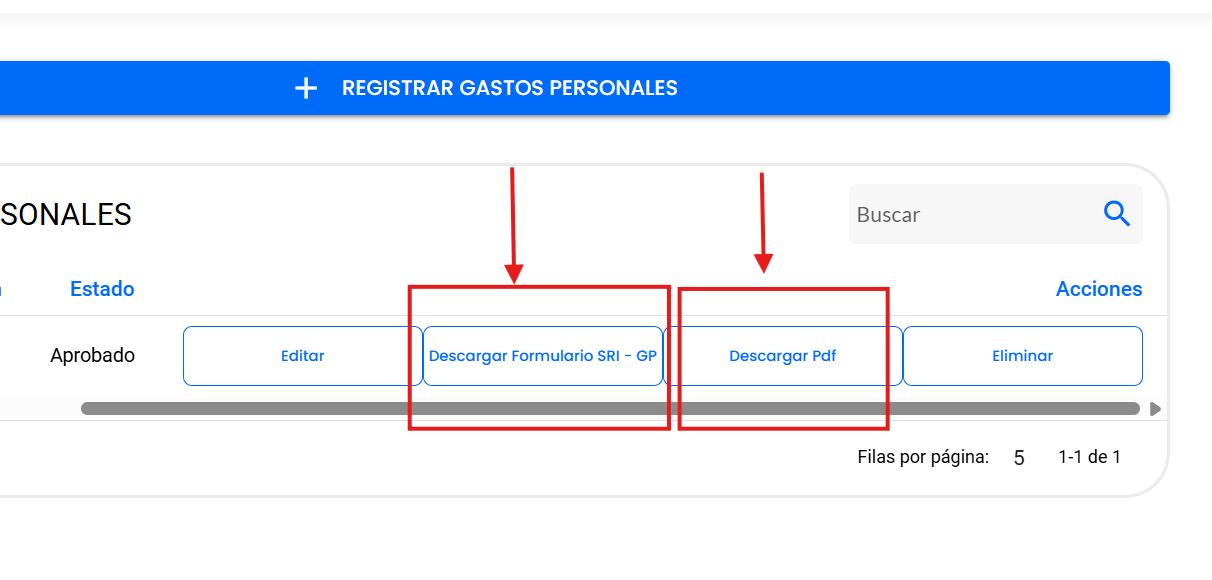 Opciones de descarga del Formulario del SRI en Excel y PDF
