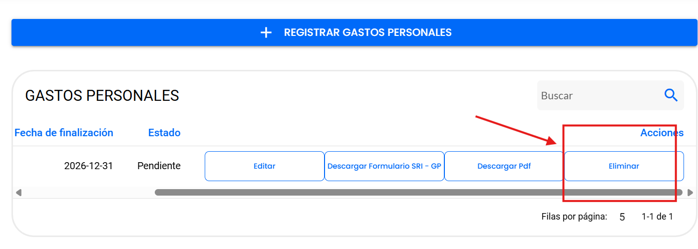Botón Eliminar en un registro de gastos pendiente
