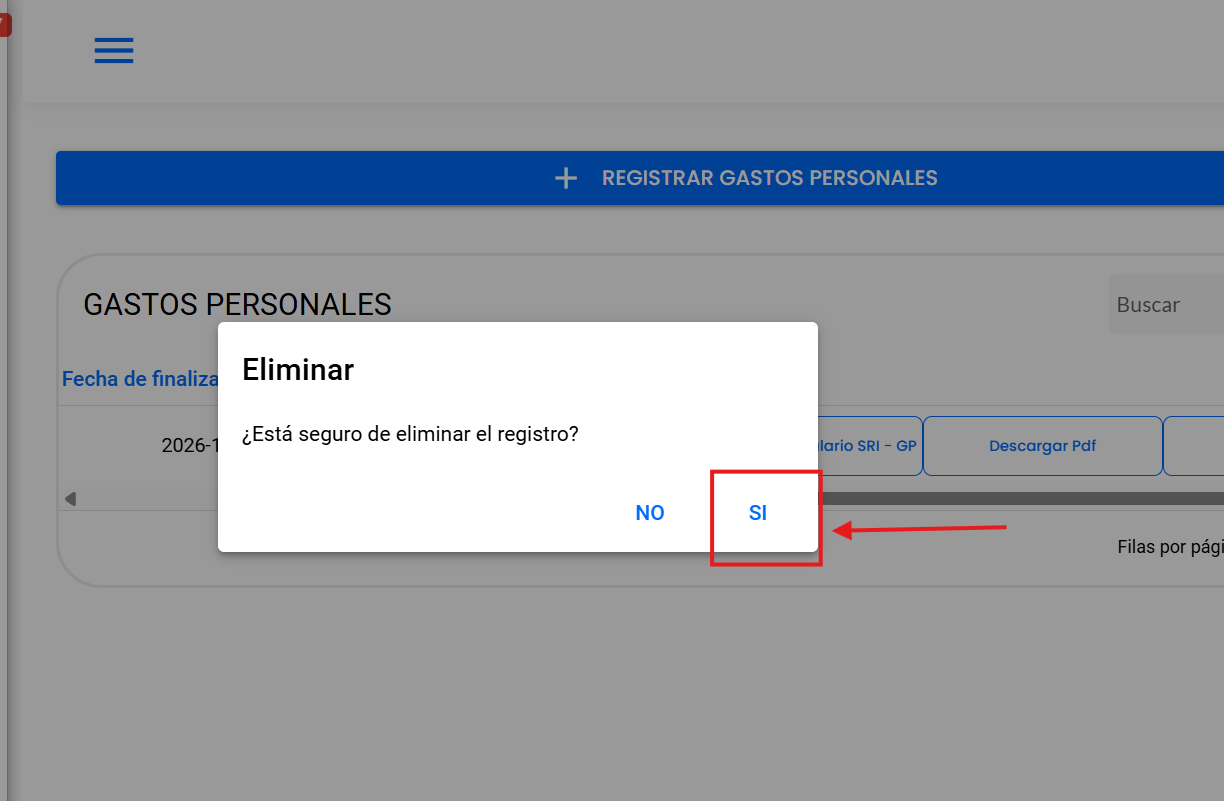 Cuadro de confirmación con la opción Sí para eliminar el registro