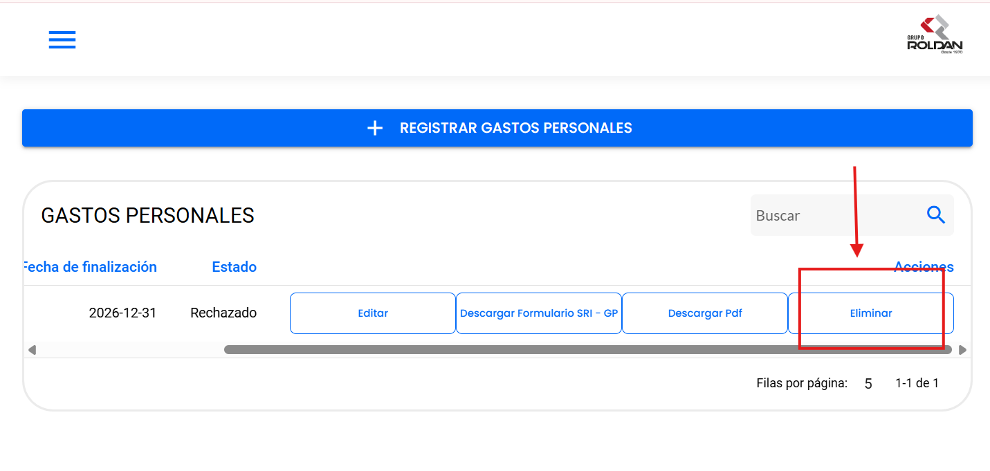 Botón Eliminar en un registro con estado Rechazado