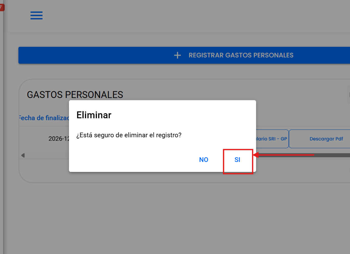 Cuadro de confirmación de eliminación de un registro rechazado