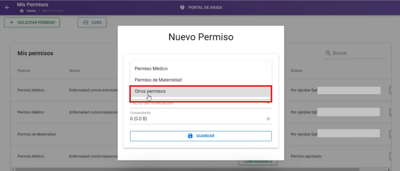 Selector de Tipo de Permiso con la opción Otros permisos