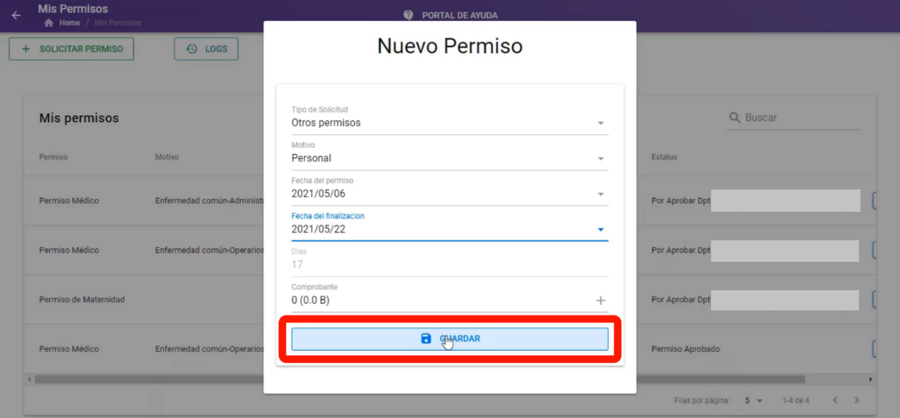 Formulario de solicitud de otros permisos con el botón Guardar