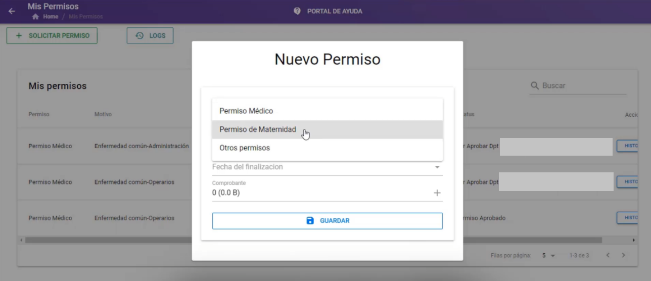 Selector de Tipo de Permiso con la opción Permiso de Maternidad