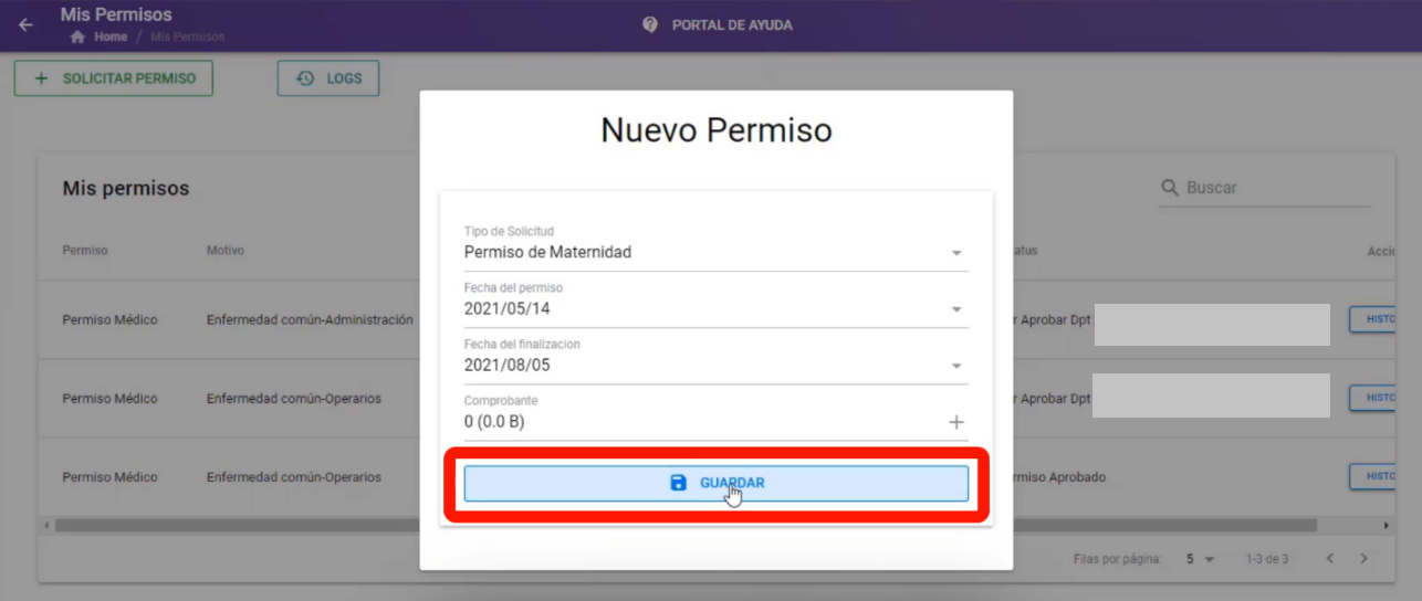 Formulario de solicitud de permiso de maternidad con el botón Guardar