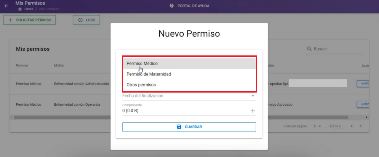 Selector de Tipo de Permiso con la opción Permiso Médico