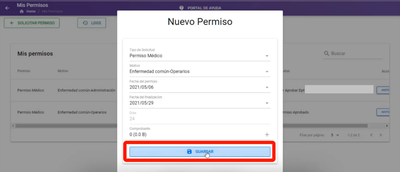 Formulario de solicitud de permiso médico con el botón Guardar
