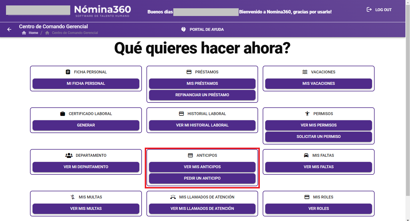 Opción Ver mis anticipos en la sección Anticipos del menú