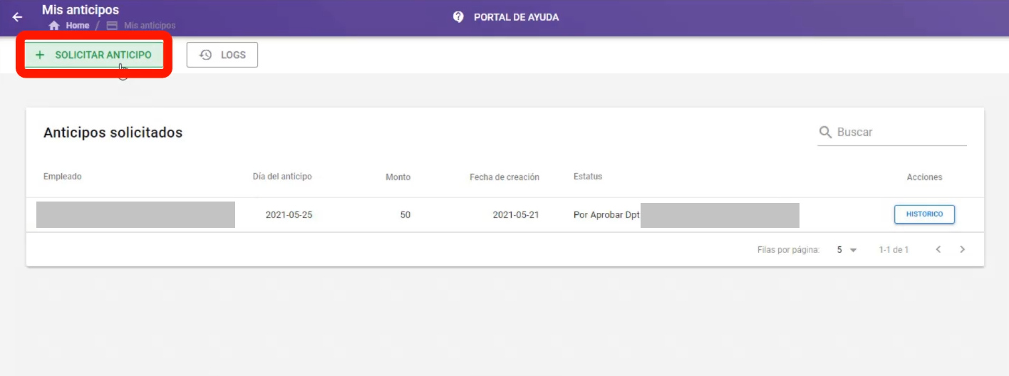 Botón Solicitar Anticipo en la pantalla de anticipos