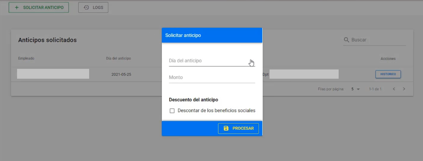 Formulario de solicitud con los campos de día y monto del anticipo