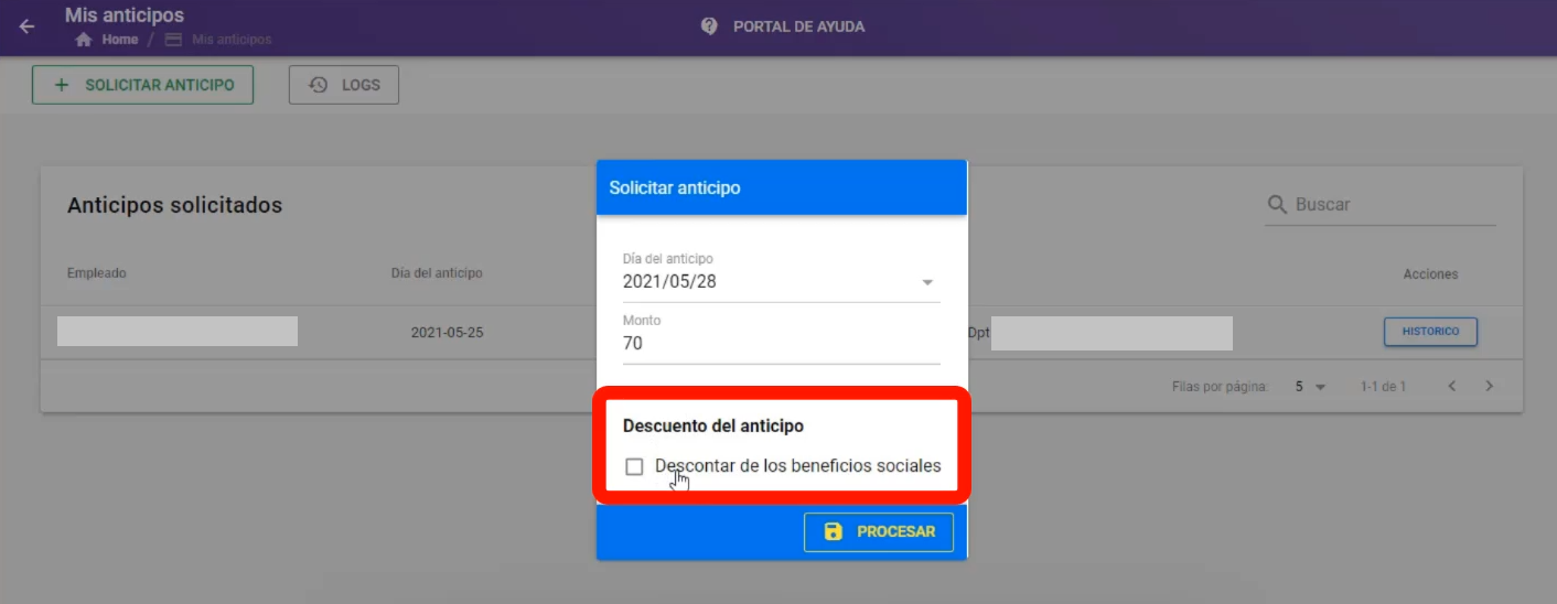 Selector para descontar el anticipo de los beneficios sociales