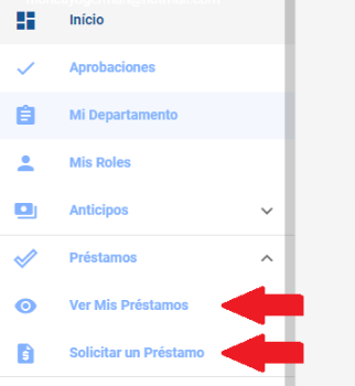 Opciones Ver Préstamos y Solicitar Un Préstamo desplegadas en el menú