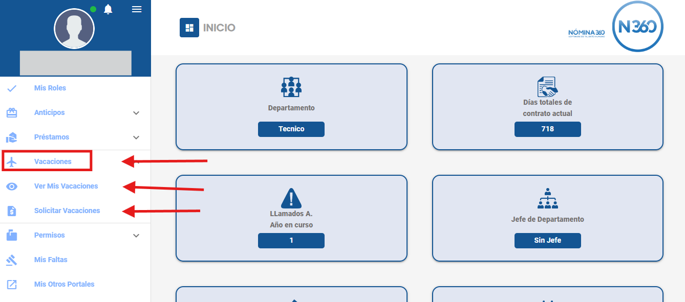 Menú lateral con las opciones Ver Mis Vacaciones y Solicitar Vacaciones