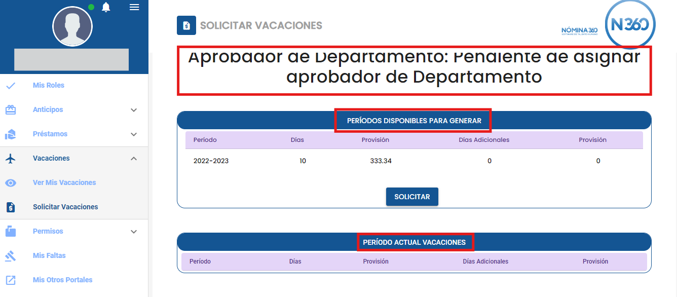 Ventana con datos del aprobador y períodos de vacaciones disponibles