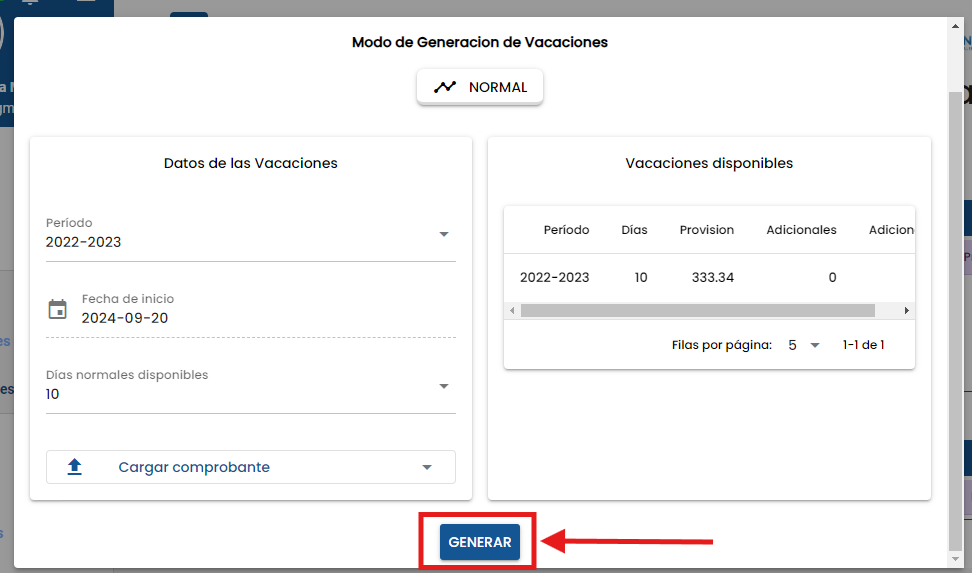 Formulario de solicitud de vacaciones con el botón Generar