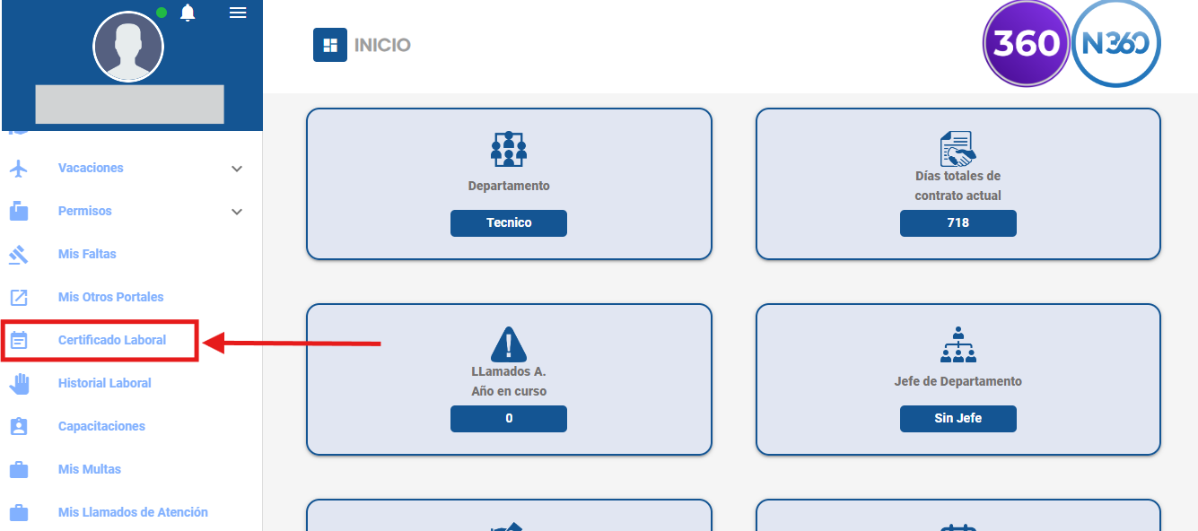Opción Certificado Laboral en el menú lateral