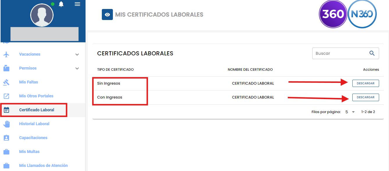Selector de tipo de certificado con las opciones Con ingresos y Sin ingresos y el botón Descargar