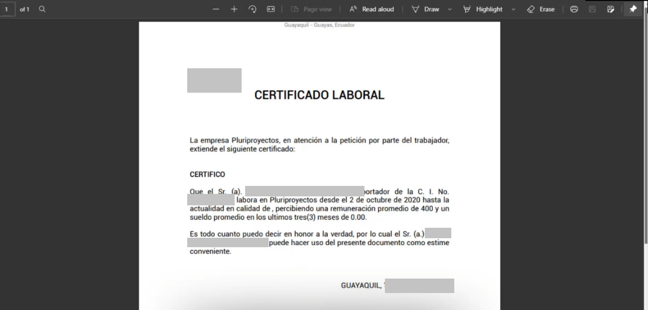 Vista del certificado laboral descargado