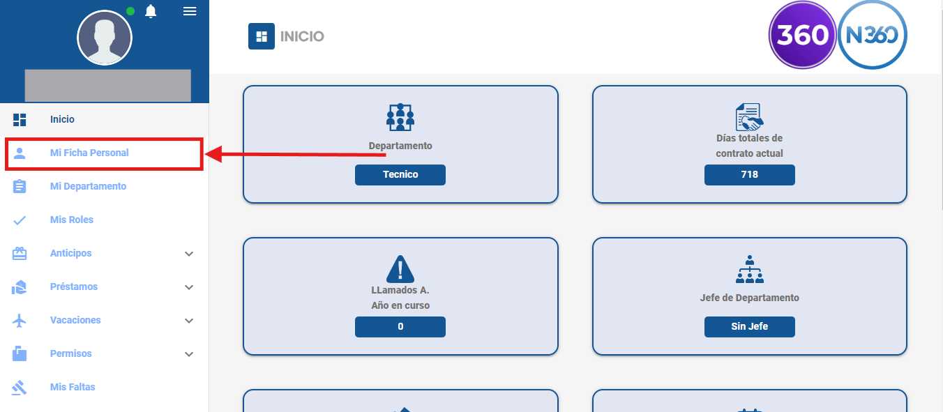 Opción Mi Ficha Personal en el menú lateral