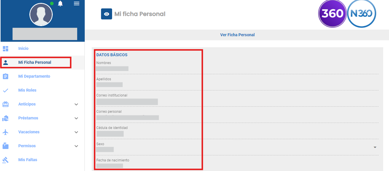 Vista de la ficha personal del empleado con sus datos